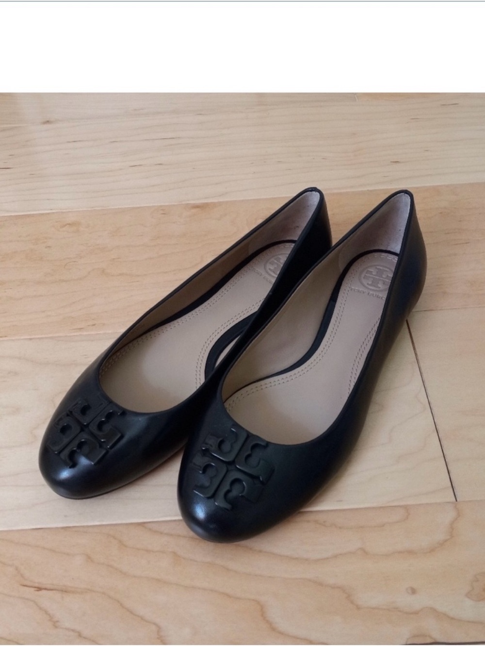 Tory Burch Black Leather Logo Ballet Flats